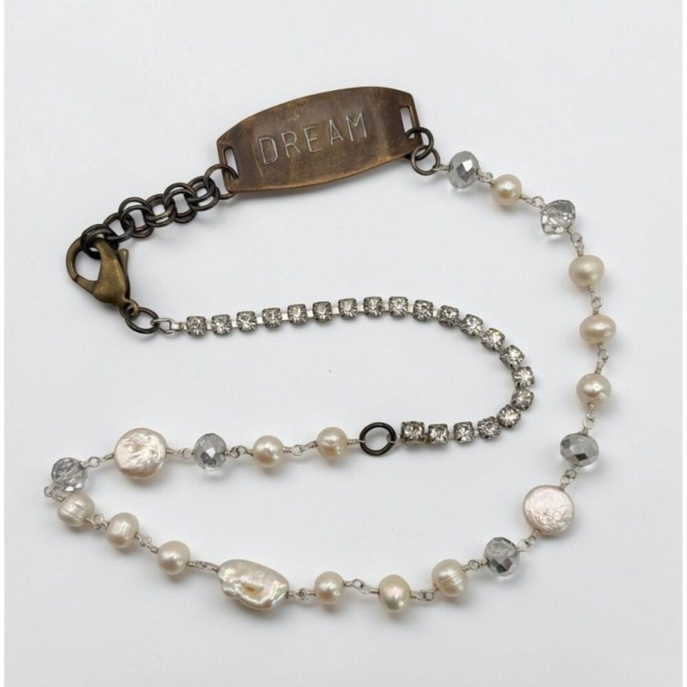 DREAM Engraved Brass ID Bar Necklace Mixed Media Rhinestones Beads Boho